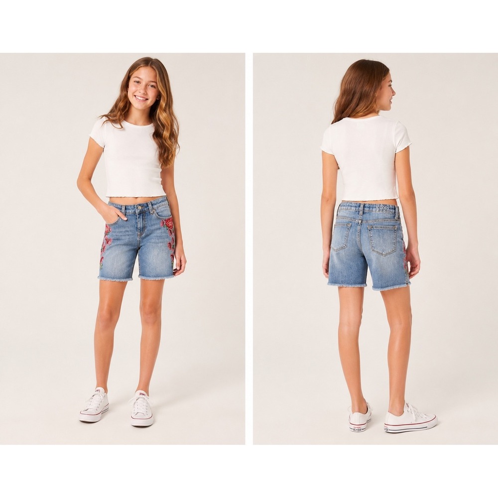 Vigoss Girls Blue Denim Bermuda Shorts Floral Butterfly Embroidered Frayed Hem